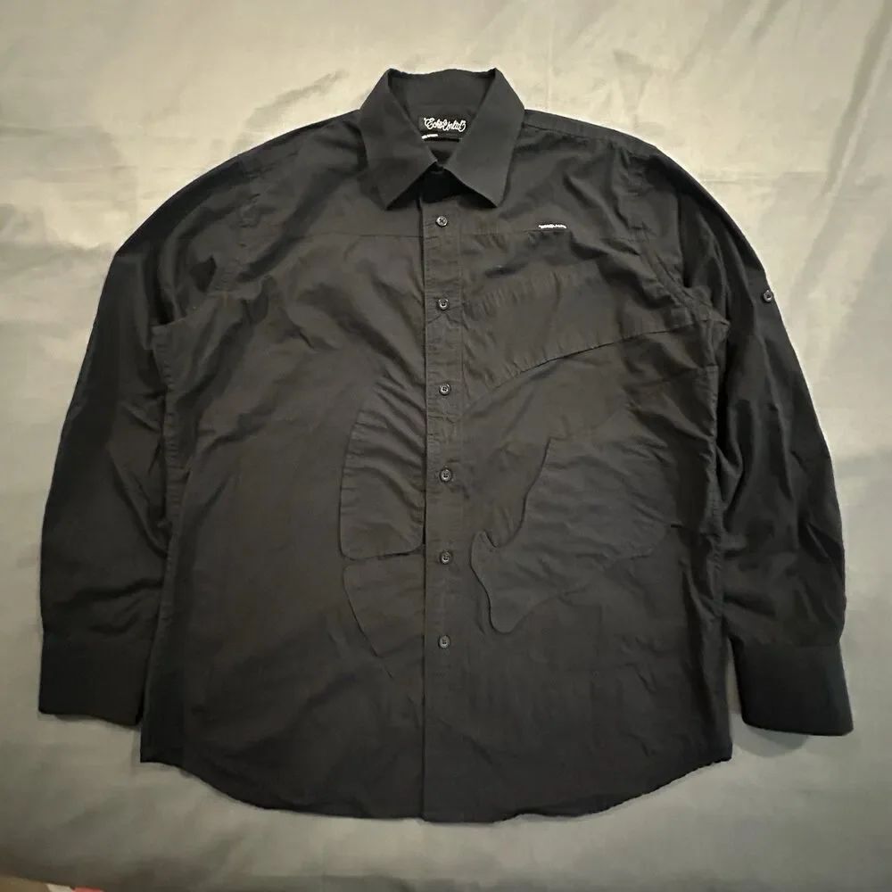 Y2K Ecko Unltd Shirt Mens L Long Sleeve Button Up Rhino Logo Print Grunge Black